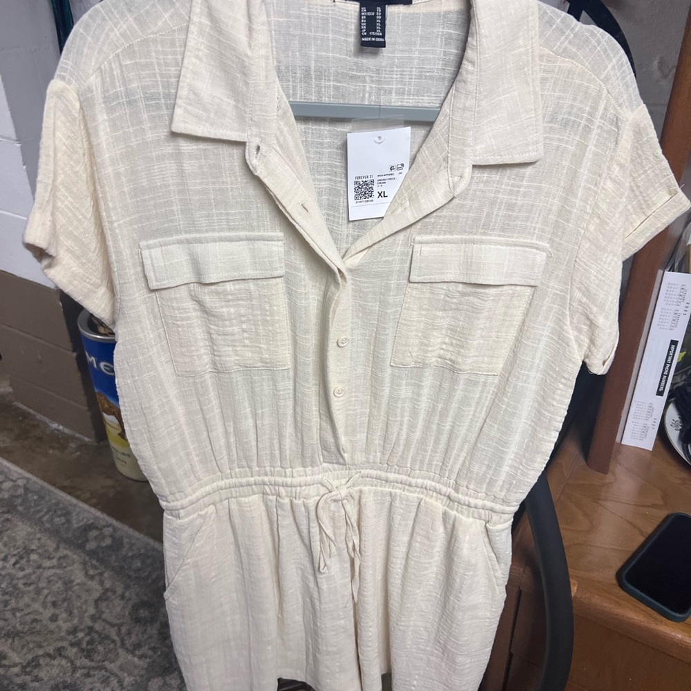 Forever 21 Cream Button-Front Romper with Drawstring Waist